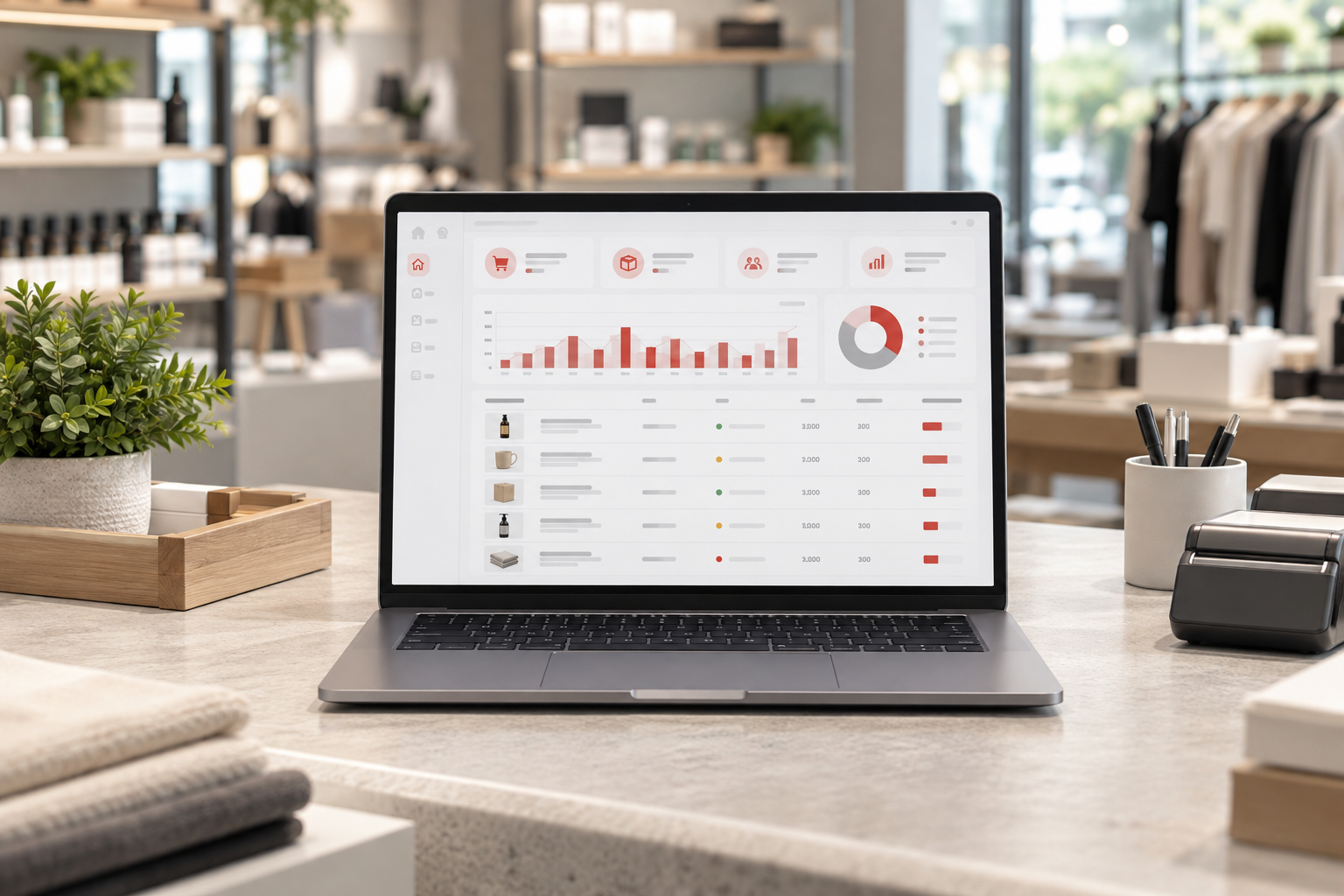 Notebook com painel ilustrativo de gestão comercial em uma loja